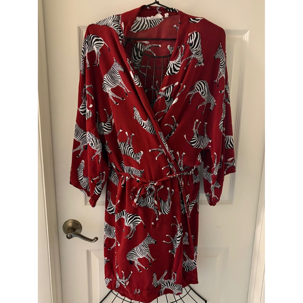 Red Zebra Print Viscose Wrap Robe Kimono Womens Size M/L Sleepwear Lounge EUC